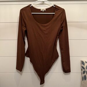 Faded Rose Essentials Brown Long Sleeve Thong Bodysuit, Women’s L